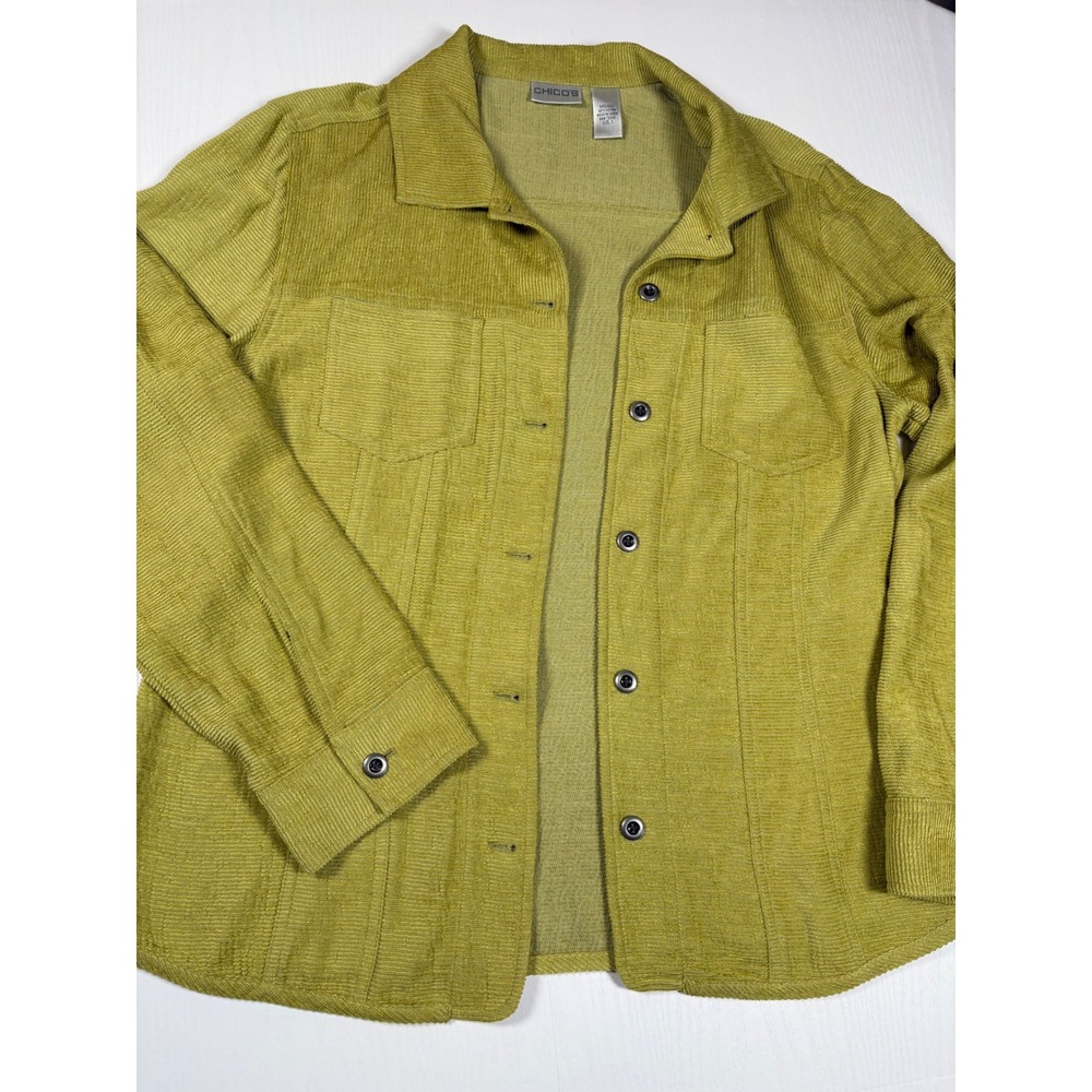 Chicos Womens Silk Blend Ribbed Button Down Shirt Jacket Size 1 Chartreuse Green - Picture 8 of 11